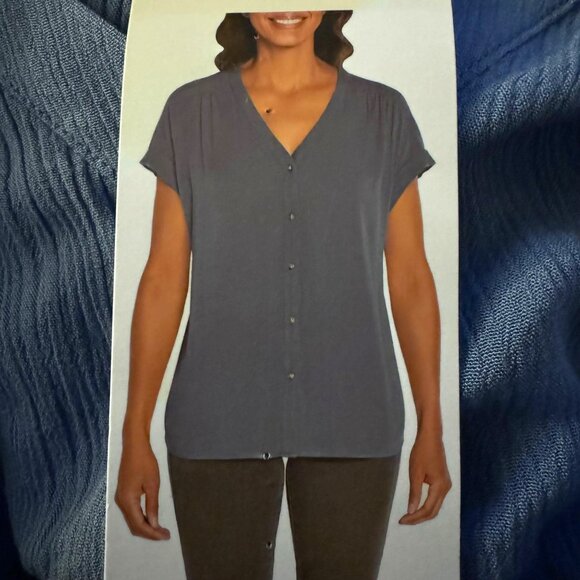 Orvis Womens Blue Button-Down Blouse With V-Neck & Short Sleeves Size Medium - Picture 5 of 7